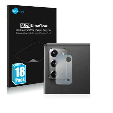 Vorderseite einer Produktverpackung mit dem Markenlogo Savvies. Daneben ist das Gerät Samsung Galaxy Note 20 5G (NUR Kamerasch