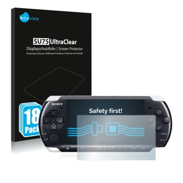 Vorderseite einer Produktverpackung mit dem Markenlogo Savvies. Daneben ist das Gerät Sony PSP 3003 mit dem zugehörigen Displa