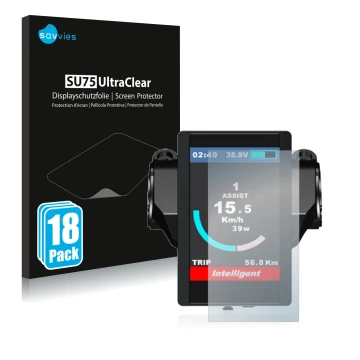 Vorderseite einer Produktverpackung mit dem Markenlogo Savvies. Daneben ist das Gerät Bafang 850c mit dem zugehörigen Displays