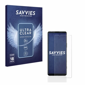 Vorderseite einer Produktverpackung mit dem Markenlogo Savvies. Daneben ist das Gerät Sony Xperia 5 II mit dem zugehörigen Dis