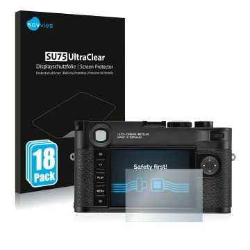 Vorderseite einer Produktverpackung mit dem Markenlogo Savvies. Daneben ist das Gerät Leica M10-R mit dem zugehörigen Displays