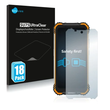 Vorderseite einer Produktverpackung mit dem Markenlogo Savvies. Daneben ist das Gerät Doogee S58 Pro mit dem zugehörigen Displ