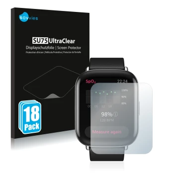 Vorderseite einer Produktverpackung mit dem Markenlogo Savvies. Daneben ist das Gerät Zepp E Square mit dem zugehörigen Displa