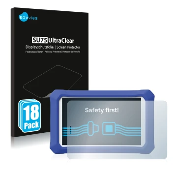 Vorderseite einer Produktverpackung mit dem Markenlogo Savvies. Daneben ist das Gerät Clementoni Clempad 9 Plus mit dem zugehö