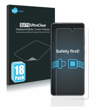 Vorderseite einer Produktverpackung mit dem Markenlogo Savvies. Daneben ist das Gerät Samsung Galaxy S20 FE mit dem zugehörige
