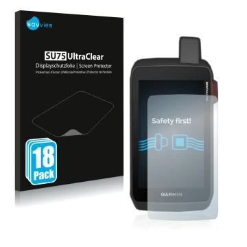 Vorderseite einer Produktverpackung mit dem Markenlogo Savvies. Daneben ist das Gerät Garmin Montana 700i mit dem zugehörigen 