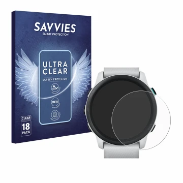 Vorderseite einer Produktverpackung mit dem Markenlogo Savvies. Daneben ist das Gerät Garmin Forerunner 745 mit dem zugehörige