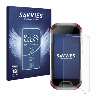 Vorderseite einer Produktverpackung mit dem Markenlogo Savvies. Daneben ist das Gerät Unihertz Atom L mit dem zugehörigen Disp