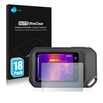 Vorderseite einer Produktverpackung mit dem Markenlogo Savvies. Daneben ist das Gerät Flir C5 mit dem zugehörigen Displayschut