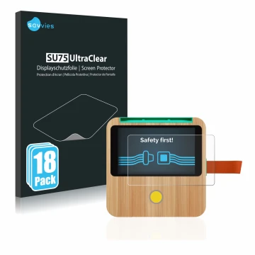Vorderseite einer Produktverpackung mit dem Markenlogo Savvies. Daneben ist das Gerät tigerbox Touch mit dem zugehörigen Displ