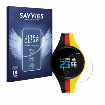 Vorderseite einer Produktverpackung mit dem Markenlogo Savvies. Daneben ist das Gerät Xlyne X-Watch EuroChamp mit dem zugehöri