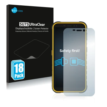 Vorderseite einer Produktverpackung mit dem Markenlogo Savvies. Daneben ist das Gerät Ulefone Armor X8 mit dem zugehörigen Dis
