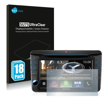 Vorderseite einer Produktverpackung mit dem Markenlogo Savvies. Daneben ist das Gerät Kenwood DNX518VDABS mit dem zugehörigen 