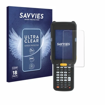 Vorderseite einer Produktverpackung mit dem Markenlogo Savvies. Daneben ist das Gerät Zebra MC330L mit dem zugehörigen Display
