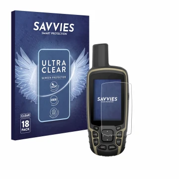 Vorderseite einer Produktverpackung mit dem Markenlogo Savvies. Daneben ist das Gerät Garmin GPSMAP 65s mit dem zugehörigen Di