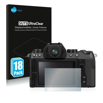 Vorderseite einer Produktverpackung mit dem Markenlogo Savvies. Daneben ist das Gerät Fujifilm X-S10 mit dem zugehörigen Displ