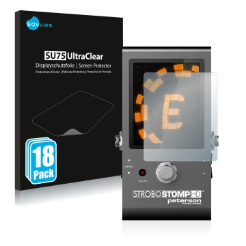 Vorderseite einer Produktverpackung mit dem Markenlogo Savvies. Daneben ist das Gerät Peterson Strobostomp HD mit dem zugehöri