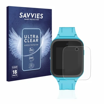 Vorderseite einer Produktverpackung mit dem Markenlogo Savvies. Daneben ist das Gerät TCL Movetime FamilyWatch Kids MT40X mit 