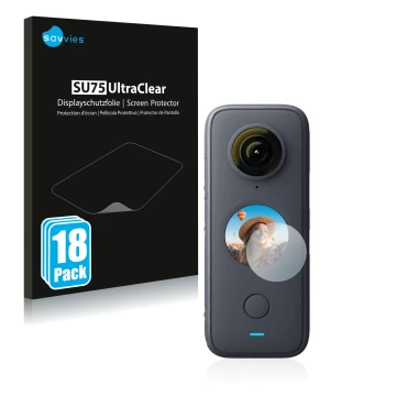 Vorderseite einer Produktverpackung mit dem Markenlogo Savvies. Daneben ist das Gerät Insta360 One X2 mit dem zugehörigen Disp