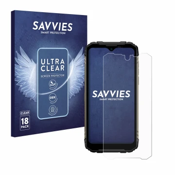 Vorderseite einer Produktverpackung mit dem Markenlogo Savvies. Daneben ist das Gerät Doogee S96 Pro mit dem zugehörigen Displ