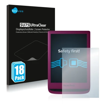 Vorderseite einer Produktverpackung mit dem Markenlogo Savvies. Daneben ist das Gerät PocketBook Touch Lux 5 mit dem zugehörig