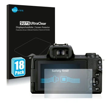 Vorderseite einer Produktverpackung mit dem Markenlogo Savvies. Daneben ist das Gerät Canon EOS M50 Mark II mit dem zugehörige