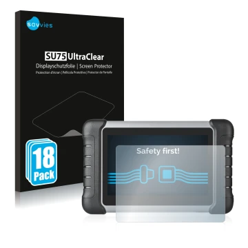 Vorderseite einer Produktverpackung mit dem Markenlogo Savvies. Daneben ist das Gerät Autel MaxiCOM MK808 mit dem zugehörigen 