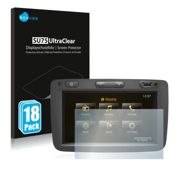 Vorderseite einer Produktverpackung mit dem Markenlogo Savvies. Daneben ist das Gerät Dacia Duster 2 2019 Infotainment System 