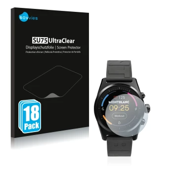 Vorderseite einer Produktverpackung mit dem Markenlogo Savvies. Daneben ist das Gerät Montblanc Summit Lite mit dem zugehörige