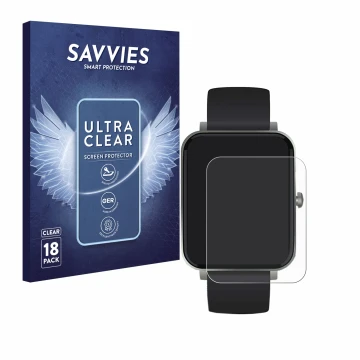 Vorderseite einer Produktverpackung mit dem Markenlogo Savvies. Daneben ist das Gerät Souccess Smartwatch 1.54