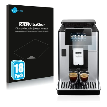 Vorderseite einer Produktverpackung mit dem Markenlogo Savvies. Daneben ist das Gerät DeLonghi PrimaDonna Soul ECAM610.74.MB m