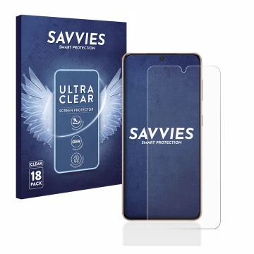 Vorderseite einer Produktverpackung mit dem Markenlogo Savvies. Daneben ist das Gerät Samsung Galaxy S21 5G mit dem zugehörige