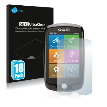 Vorderseite einer Produktverpackung mit dem Markenlogo Savvies. Daneben ist das Gerät Mio Cyclo 210 mit dem zugehörigen Displa