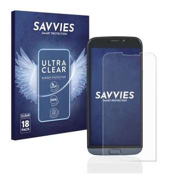 Vorderseite einer Produktverpackung mit dem Markenlogo Savvies. Daneben ist das Gerät Doro 8050 Plus mit dem zugehörigen Displ