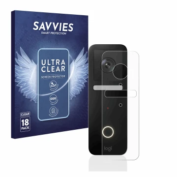 Vorderseite einer Produktverpackung mit dem Markenlogo Savvies. Daneben ist das Gerät Logitech Circle View Doorbell mit dem zu
