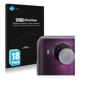 Vorderseite einer Produktverpackung mit dem Markenlogo Savvies. Daneben ist das Gerät Nokia 5.4 (NUR Kameraschutz) mit dem zug