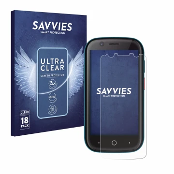 Vorderseite einer Produktverpackung mit dem Markenlogo Savvies. Daneben ist das Gerät Unihertz Jelly 2 mit dem zugehörigen Dis