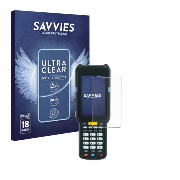 Vorderseite einer Produktverpackung mit dem Markenlogo Savvies. Daneben ist das Gerät Zebra MC3300X mit dem zugehörigen Displa