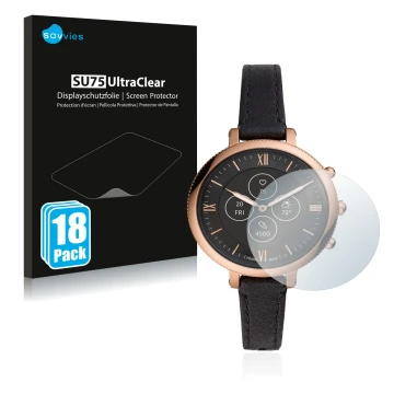 Vorderseite einer Produktverpackung mit dem Markenlogo Savvies. Daneben ist das Gerät Fossil Monroe Hybrid HR mit dem zugehöri