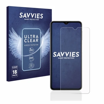 Vorderseite einer Produktverpackung mit dem Markenlogo Savvies. Daneben ist das Gerät Samsung Galaxy A32 5G mit dem zugehörige