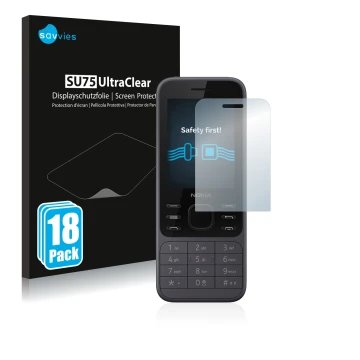 Vorderseite einer Produktverpackung mit dem Markenlogo Savvies. Daneben ist das Gerät Nokia 6300 2020 mit dem zugehörigen Disp