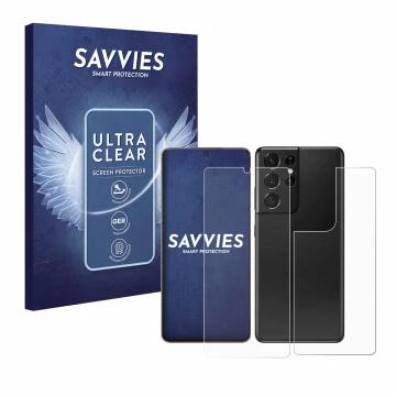 Vorderseite einer Produktverpackung mit dem Markenlogo Savvies. Daneben ist das Gerät Samsung Galaxy S21 Ultra 5G (Display+Rüc