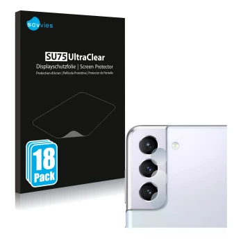 Vorderseite einer Produktverpackung mit dem Markenlogo Savvies. Daneben ist das Gerät Samsung Galaxy S21 5G (NUR Kameraschutz)