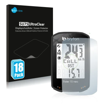 Vorderseite einer Produktverpackung mit dem Markenlogo Savvies. Daneben ist das Gerät Bryton Rider 15 neo mit dem zugehörigen 