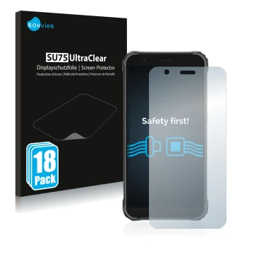 Vorderseite einer Produktverpackung mit dem Markenlogo Savvies. Daneben ist das Gerät Blackview BV4900 mit dem zugehörigen Dis