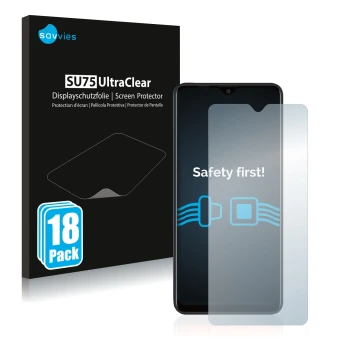 Vorderseite einer Produktverpackung mit dem Markenlogo Savvies. Daneben ist das Gerät Blackview A80 Plus mit dem zugehörigen D