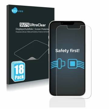 Vorderseite einer Produktverpackung mit dem Markenlogo Savvies. Daneben ist das Gerät Apple iPhone 13 mit dem zugehörigen Disp