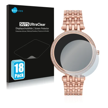 Vorderseite einer Produktverpackung mit dem Markenlogo Savvies. Daneben ist das Gerät Michael Kors Access Darci Gen 5E mit dem
