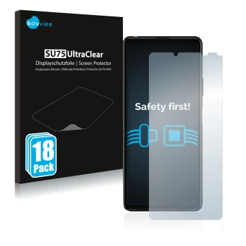 Vorderseite einer Produktverpackung mit dem Markenlogo Savvies. Daneben ist das Gerät Sony Xperia 10 III mit dem zugehörigen D