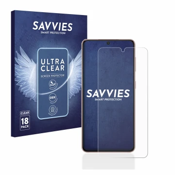 Vorderseite einer Produktverpackung mit dem Markenlogo Savvies. Daneben ist das Gerät Samsung Galaxy S21 mit dem zugehörigen D